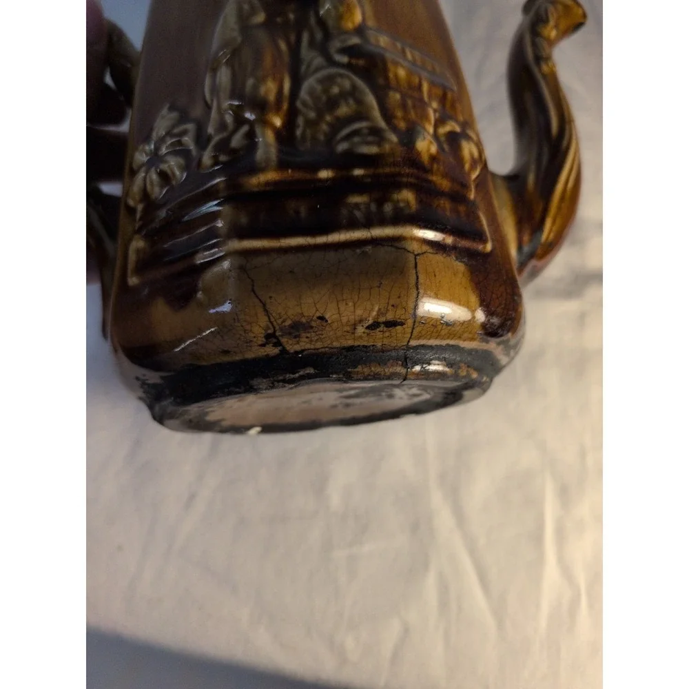 Vintage Brown Drip Glaze Teapot w/ Infuser Insert Relief Scene Japan Style Crack